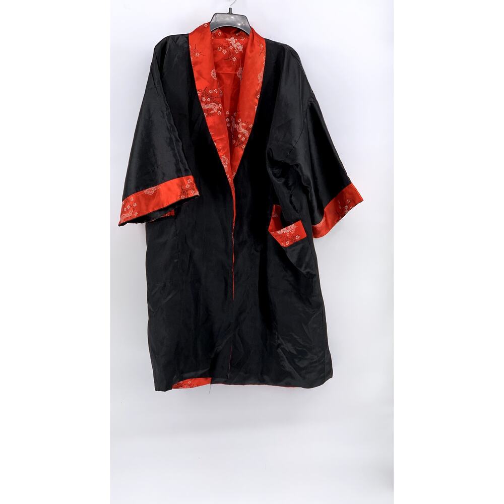UNBRANDED Unisex Black-Red Vintage Rare Thai Silky Dragon Reversible Kimono